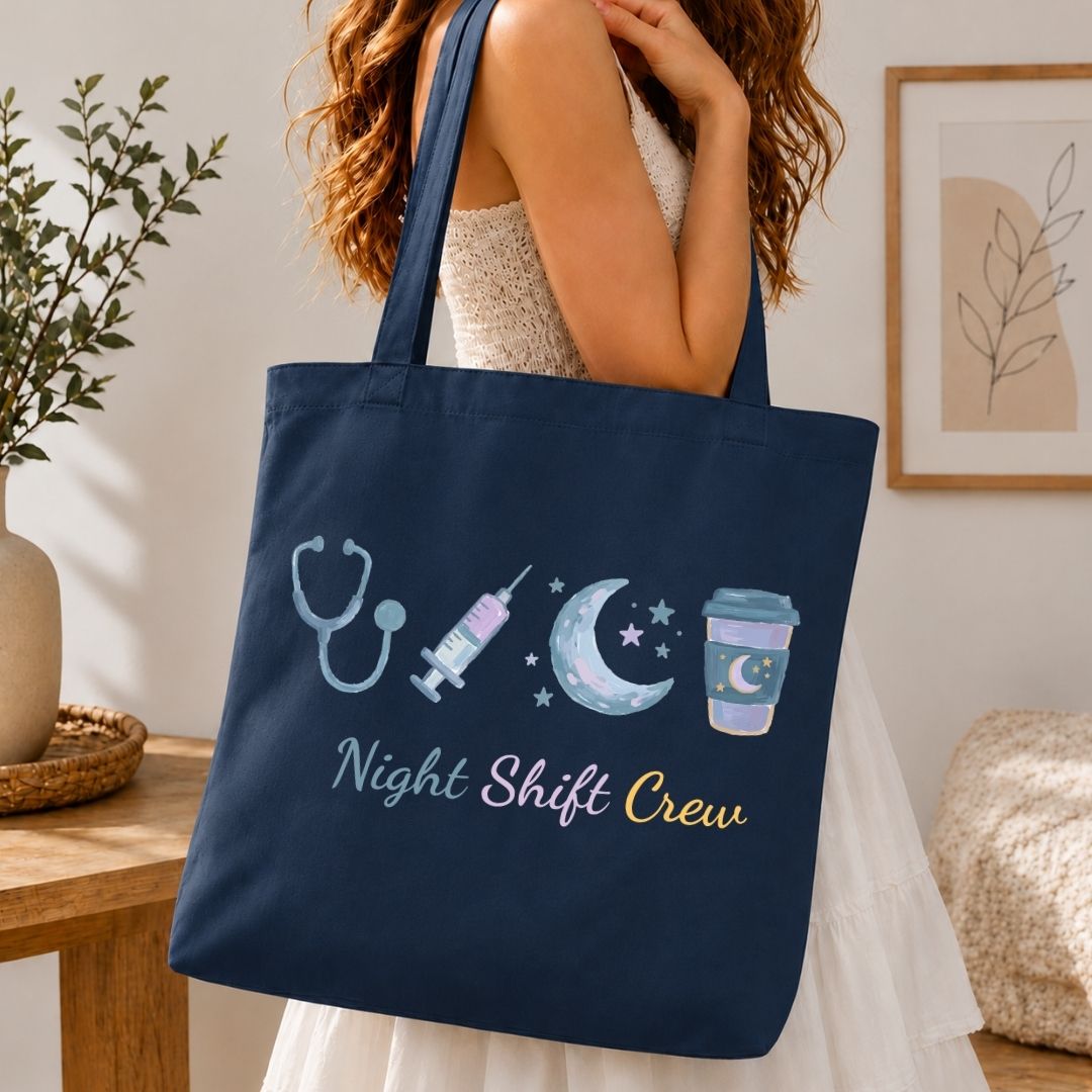 Hospital Night Shift Tote Bag Graphic File, Funny Nurse Life SVG, Cute Medical Assistant Clipart PNG