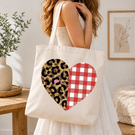 Aesthetic Canvas Tote Bag with Leopard and Plaid Heart Graphic