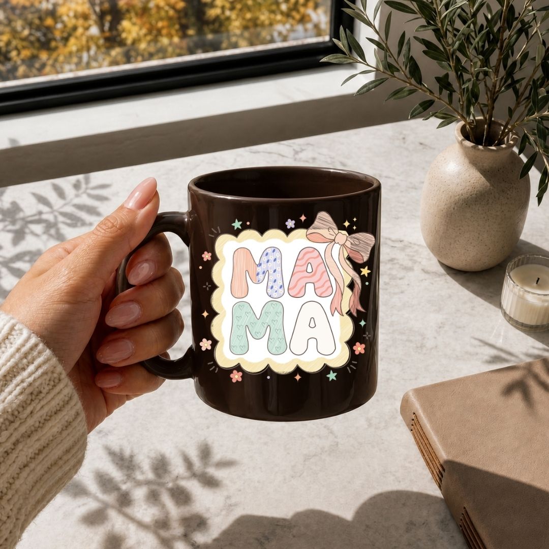 Hand holding a mug with 'MAMA' design on a table with a notebook and candle.