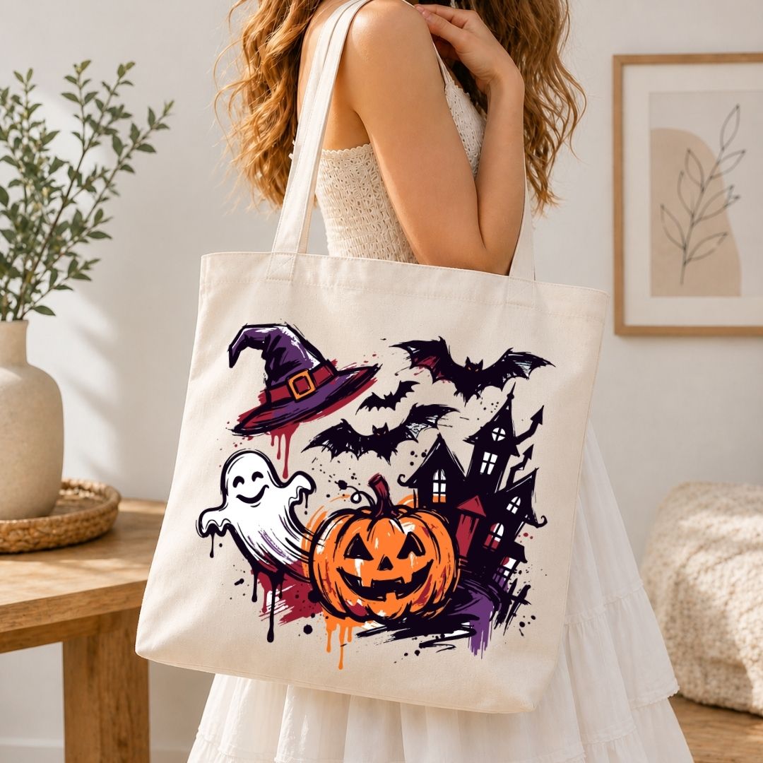 A woman wearing a white dress carries a cream canvas tote bag decorated with a Halloween graphic featuring a jack-o'-lantern, witch hat, ghost, bats, and haunted house.