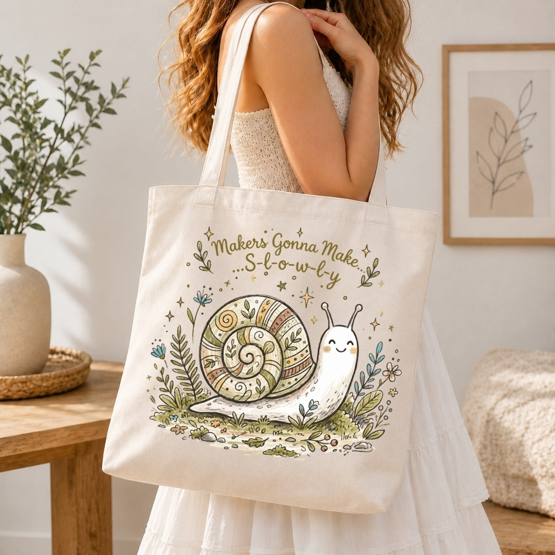 Person in a white dress carrying a canvas tote bag printed with the charming snail and botanical crafting design.