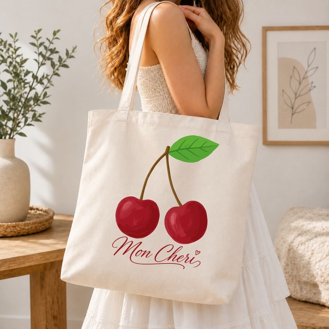 French Market Tote Bag Design, Cute Cherry SVG, Mon Cheri Fruit Clipart PNG