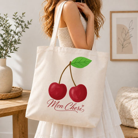 French Market Tote Bag Design, Cute Cherry SVG, Mon Cheri Fruit Clipart PNG