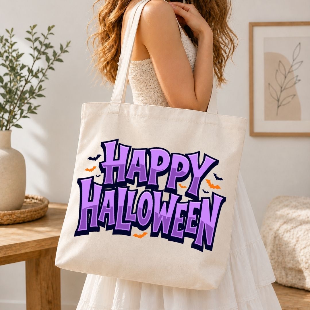 Woman holding a canvas tote bag printed with a purple "Happy Halloween" text and bat sublimation graphic.