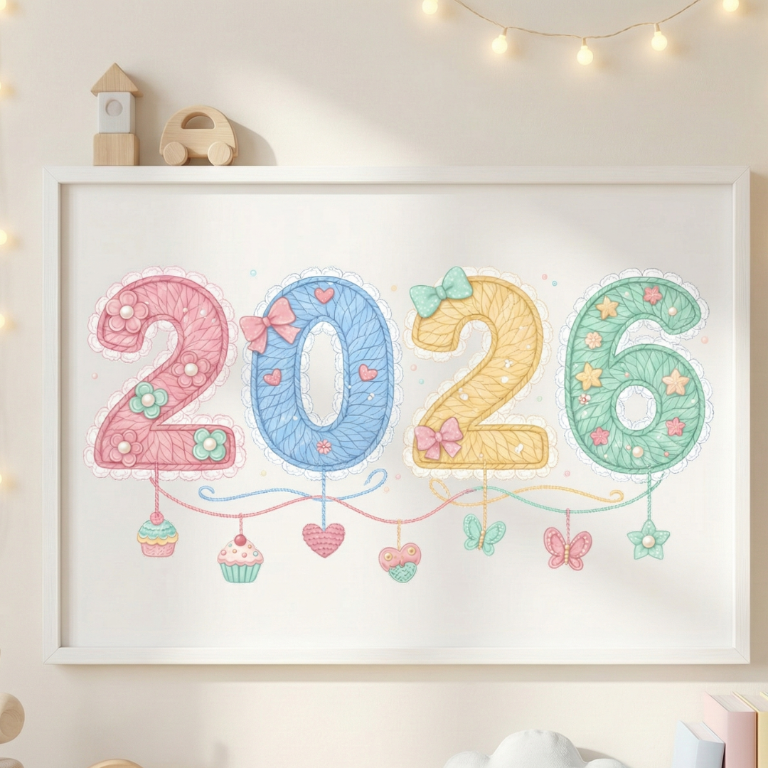 Decorative wall art with '2026' in pastel colors on a white background.