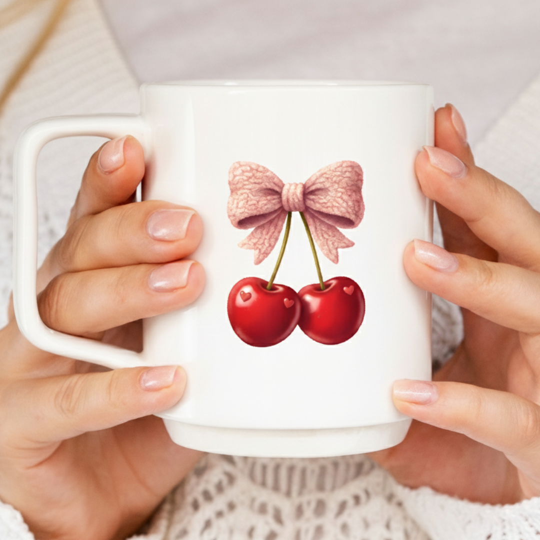 White mug with cherry and bow design held by hands