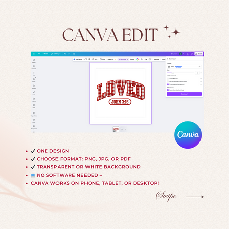 Canva editing software interface with a design of 'LOVED' text.