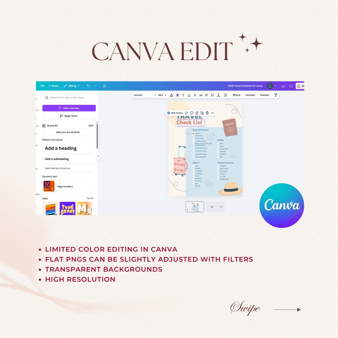 Canva Edit software interface with a checklist graphic on a white background