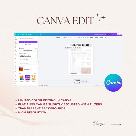 Canva editing software interface with a budget template on a white background