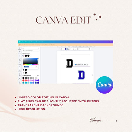 Canva editing software interface with color picker and text 'Canva Edit' on a light background.