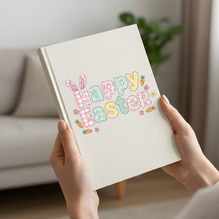 Notebook with 'Happy Easter' design held by hands in a home setting