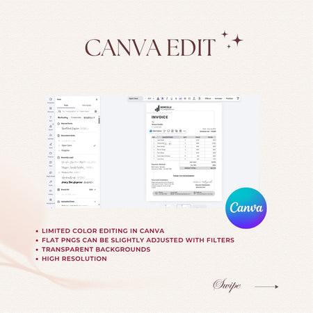 Canva Edit software interface with invoice template on a light background, featuring the Canva logo.