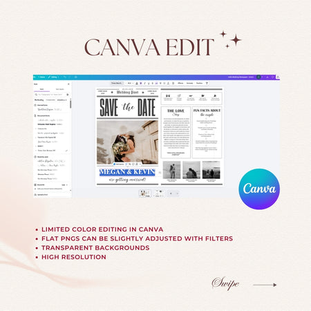 Canva editing software interface with a 'Save the Date' card design on a white background.