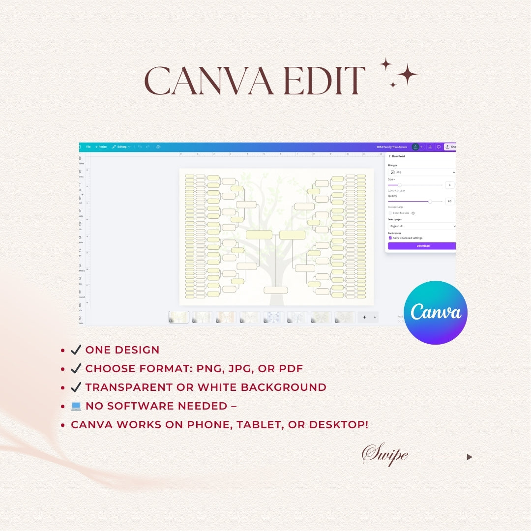 Canva editing software interface with tree diagram on a light background
