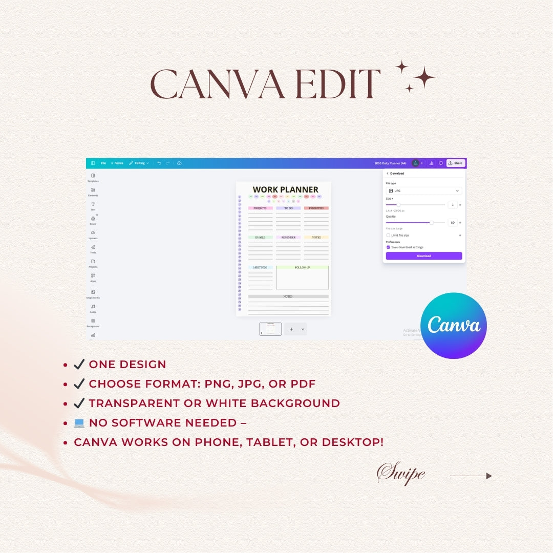 Canva Edit software interface with a work planner template on a light background