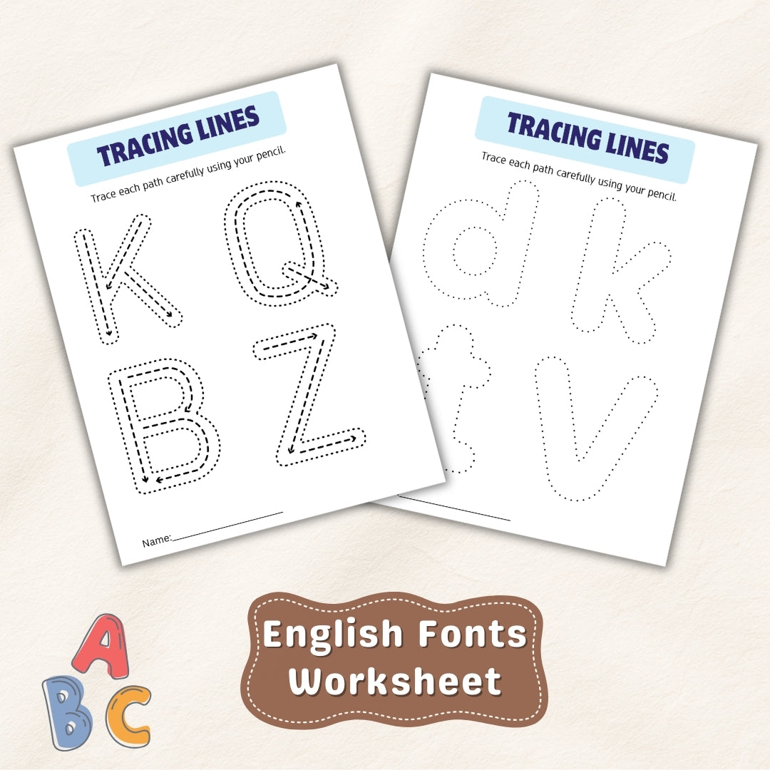 Two English fonts tracing lines worksheets on a light beige background.