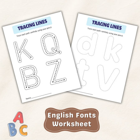Two English fonts tracing lines worksheets on a light beige background.