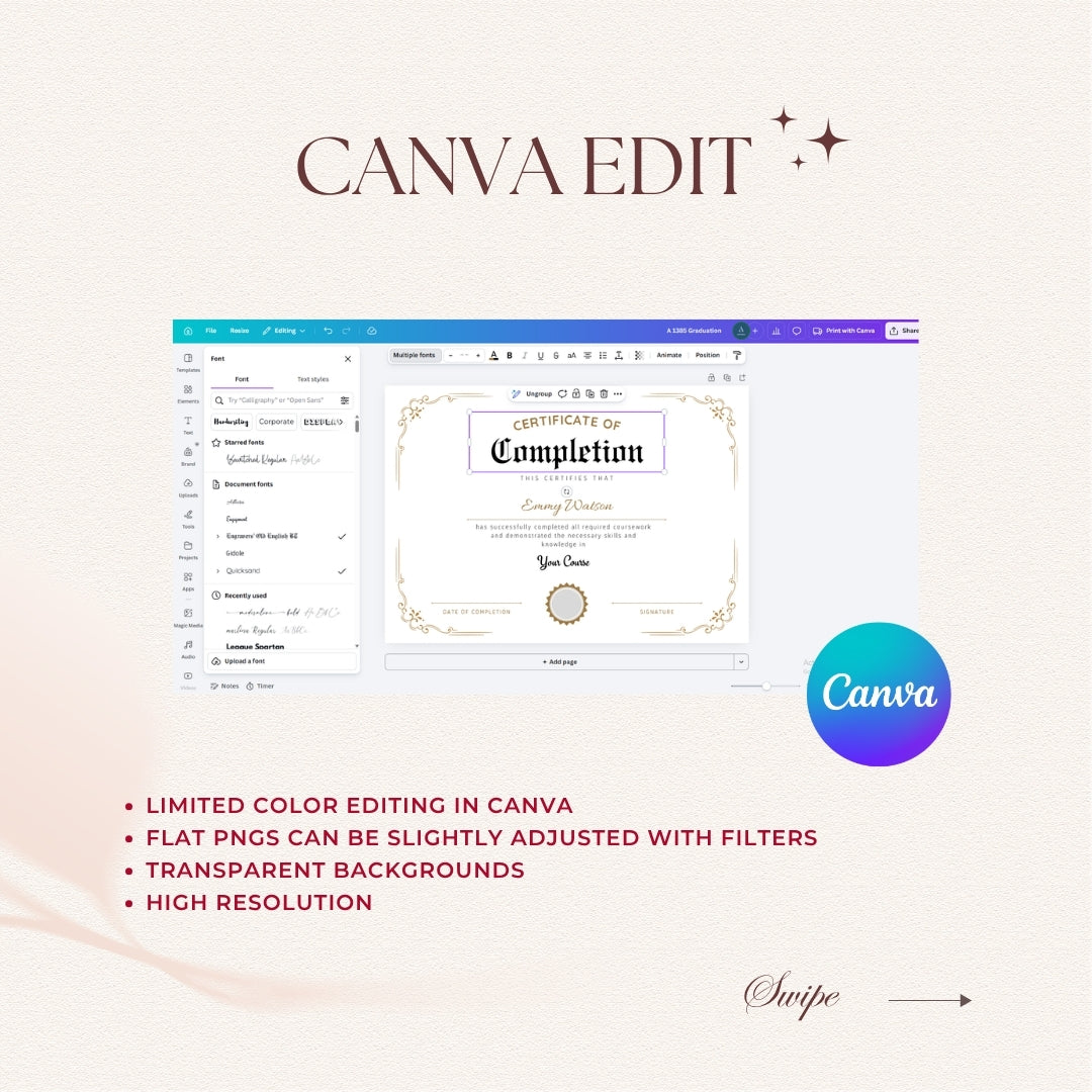 Canva editing software interface with a certificate design on a light background