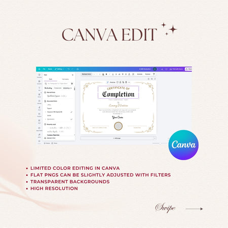 Canva editing software interface with a certificate design on a light background