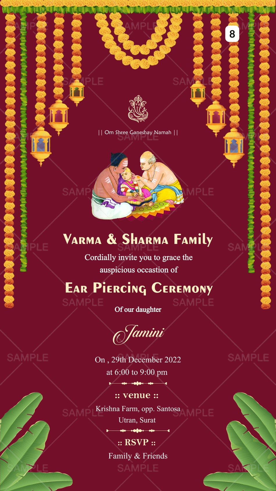 Ear Piercing ceremony invitation card in english language with marigold garland, banana leaves as traditional theme Canva Editable Template design 8