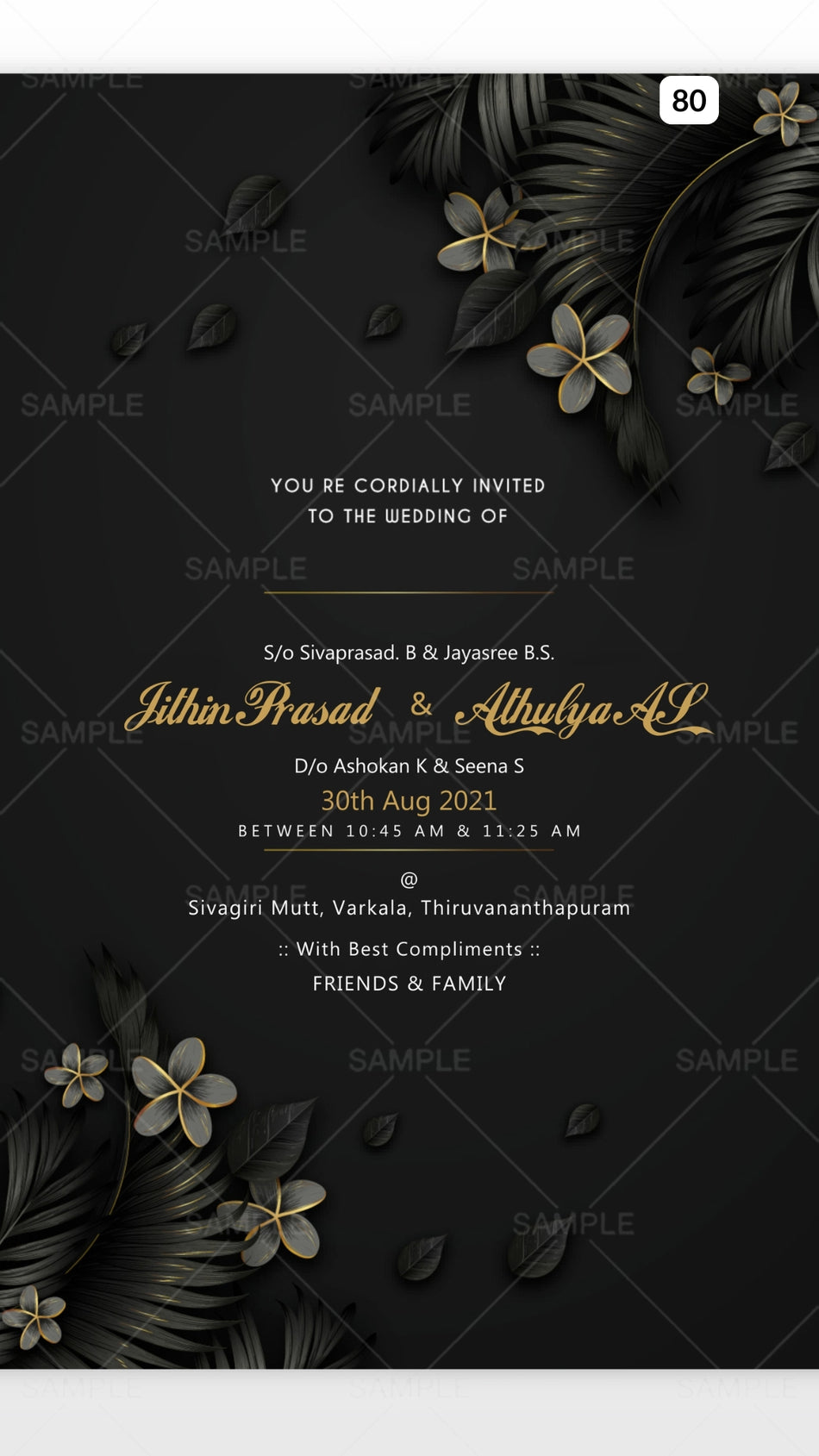 Wedding ceremony invitation card Canva Editable Template of hindu south indian malayali family in english language with  Artistic leaves theme design 80