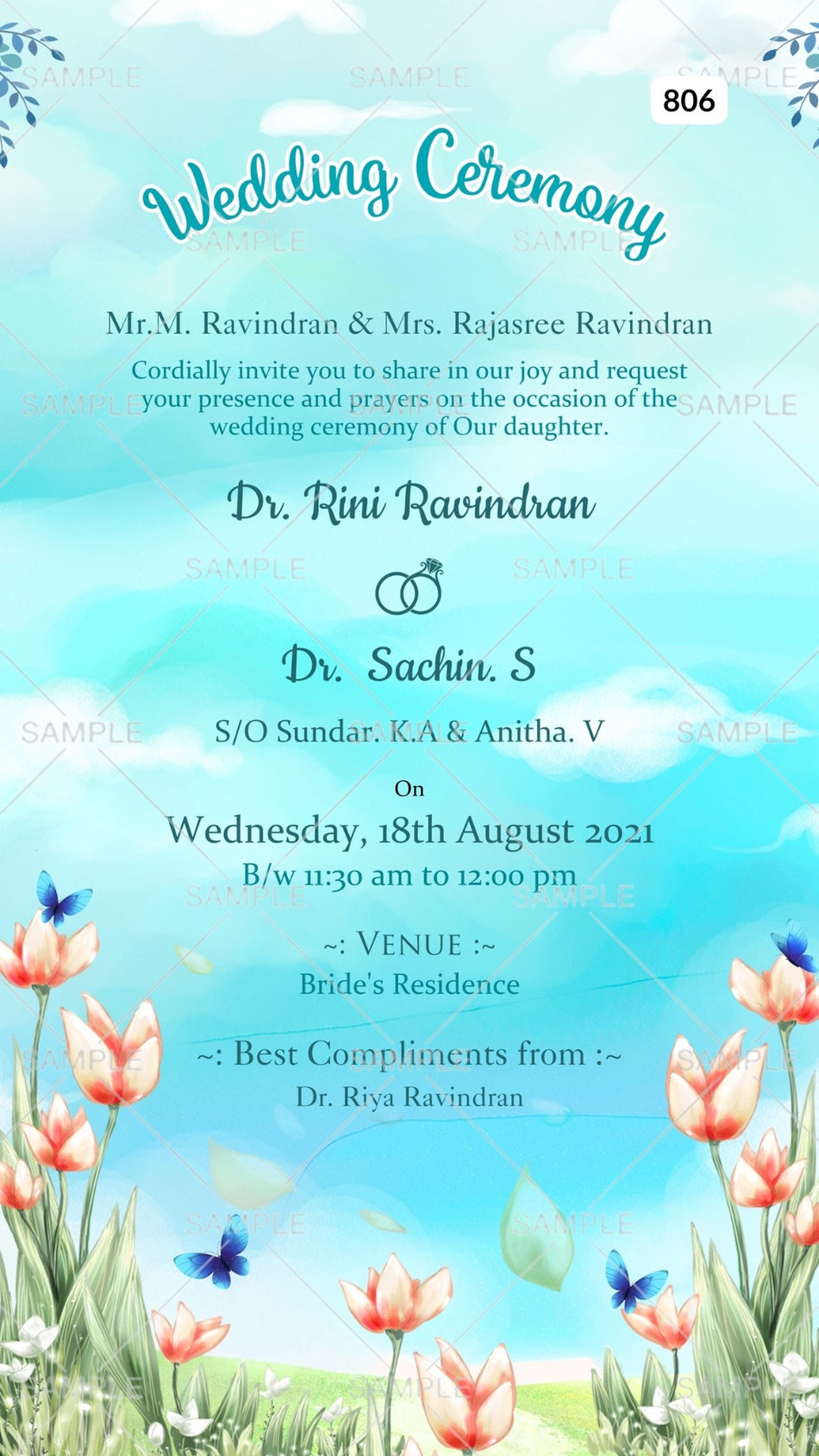 Wedding ceremony invitation card Canva Editable Template of hindu south indian malayali family in english language with  floral theme design 806