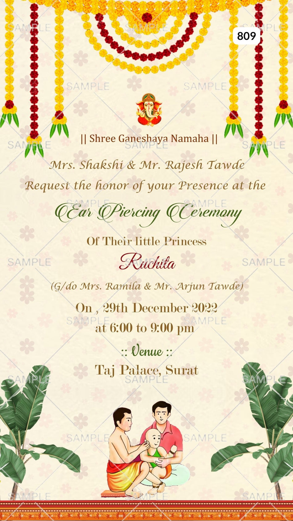 Ear Piercing ceremony invitation card Canva Editable Template in english language with ear piercing doodle, leaves as traditional theme design 809