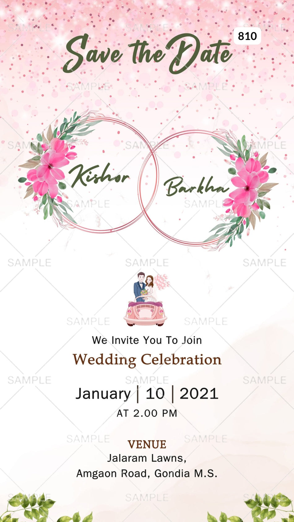 Save the Date card Canva Editable Template in english language with romantic couple doodle, frame as asthetic theme design 810