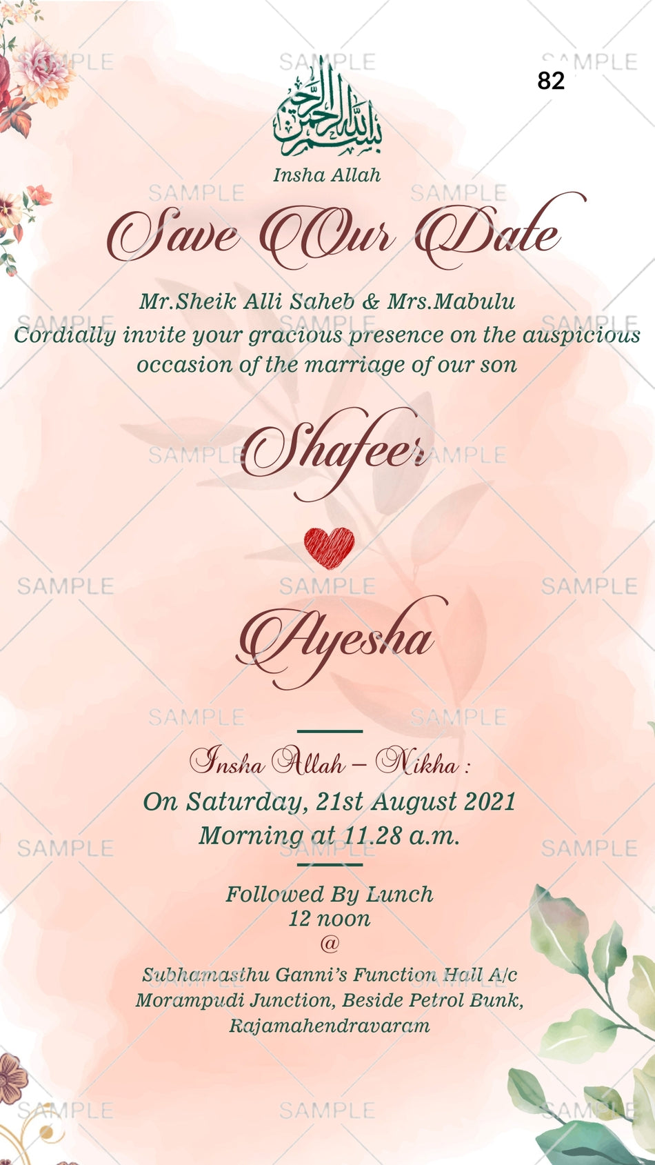 Nikah ceremony invitation card Canva Editable Template of Muslim family in english language with Floral theme design 82