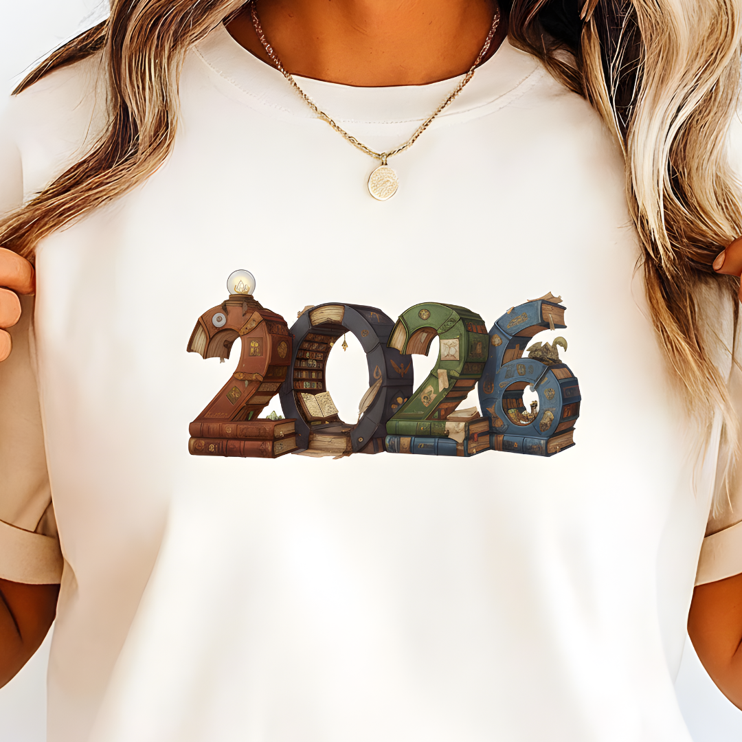 Person wearing a white shirt with '2026' design, featuring books.