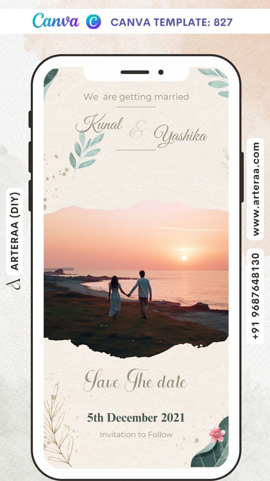Save the Date card Canva Editable Template in english language with leaves as couple photo as minimalistic theme design 827