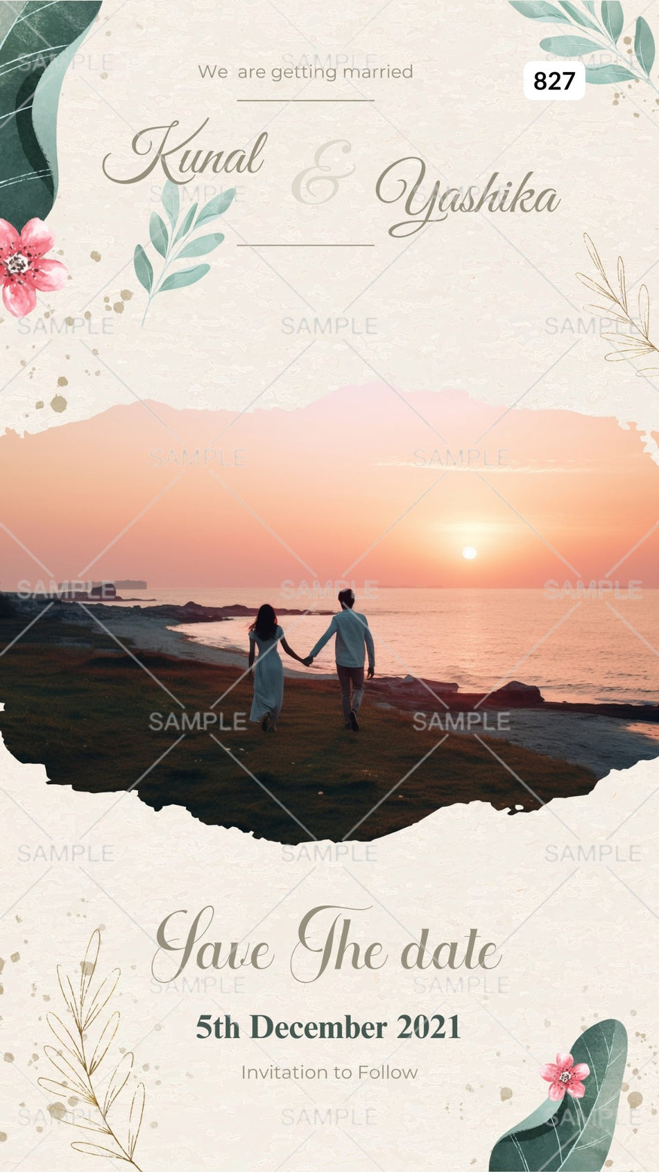 Save the Date card Canva Editable Template in english language with leaves as couple photo as minimalistic theme design 827