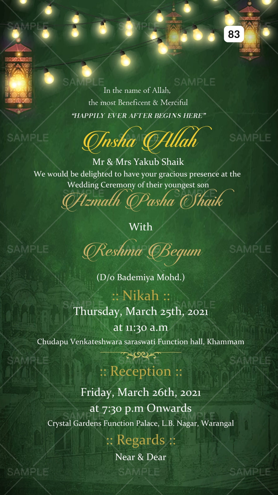Nikah ceremony invitation card Canva Editable Template of Muslim family in english language with Shining theme design 83