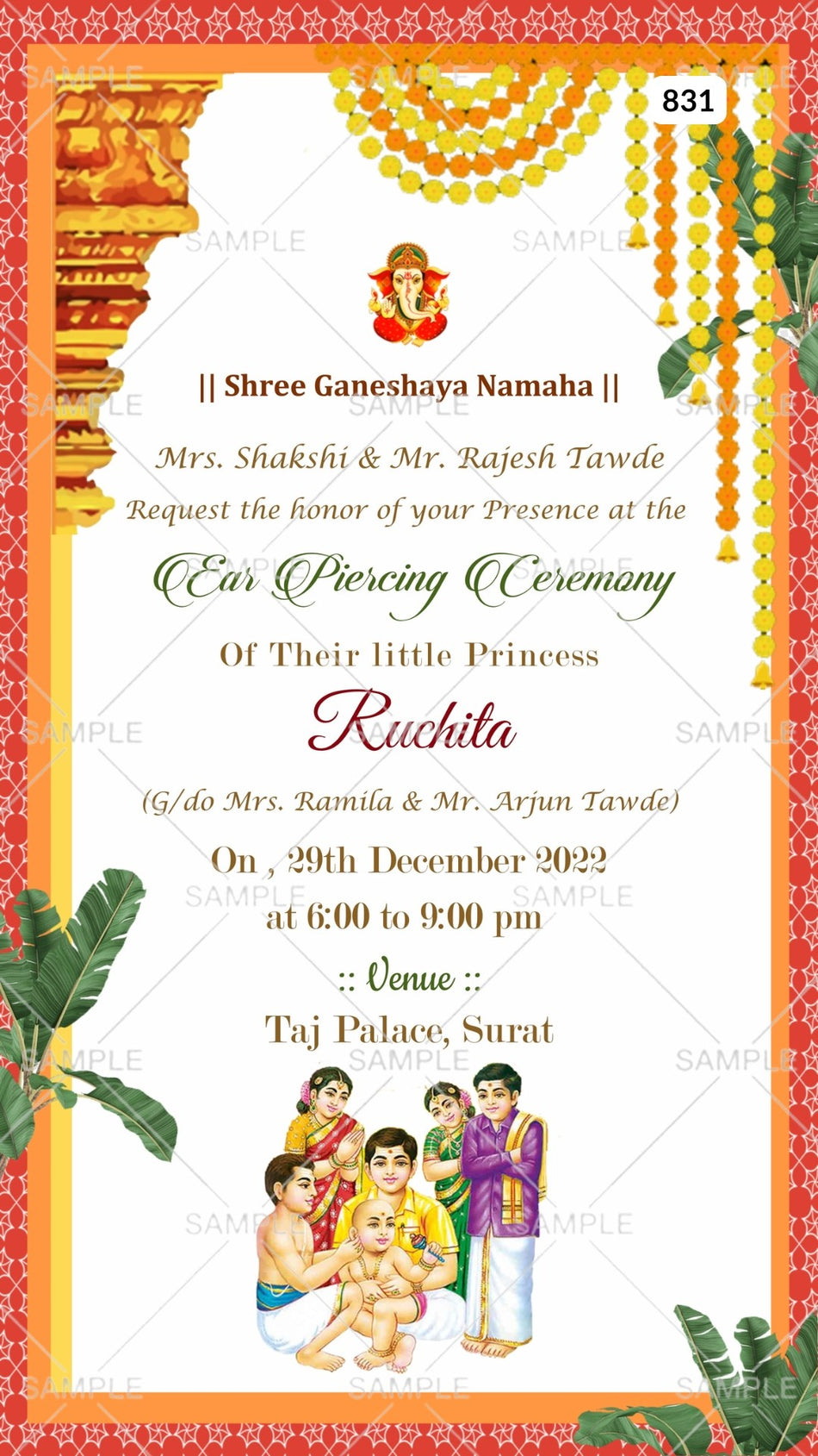Ear Piercing ceremony invitation card Canva Editable Template in english language with marigold garland, leaves as traditional theme design 831