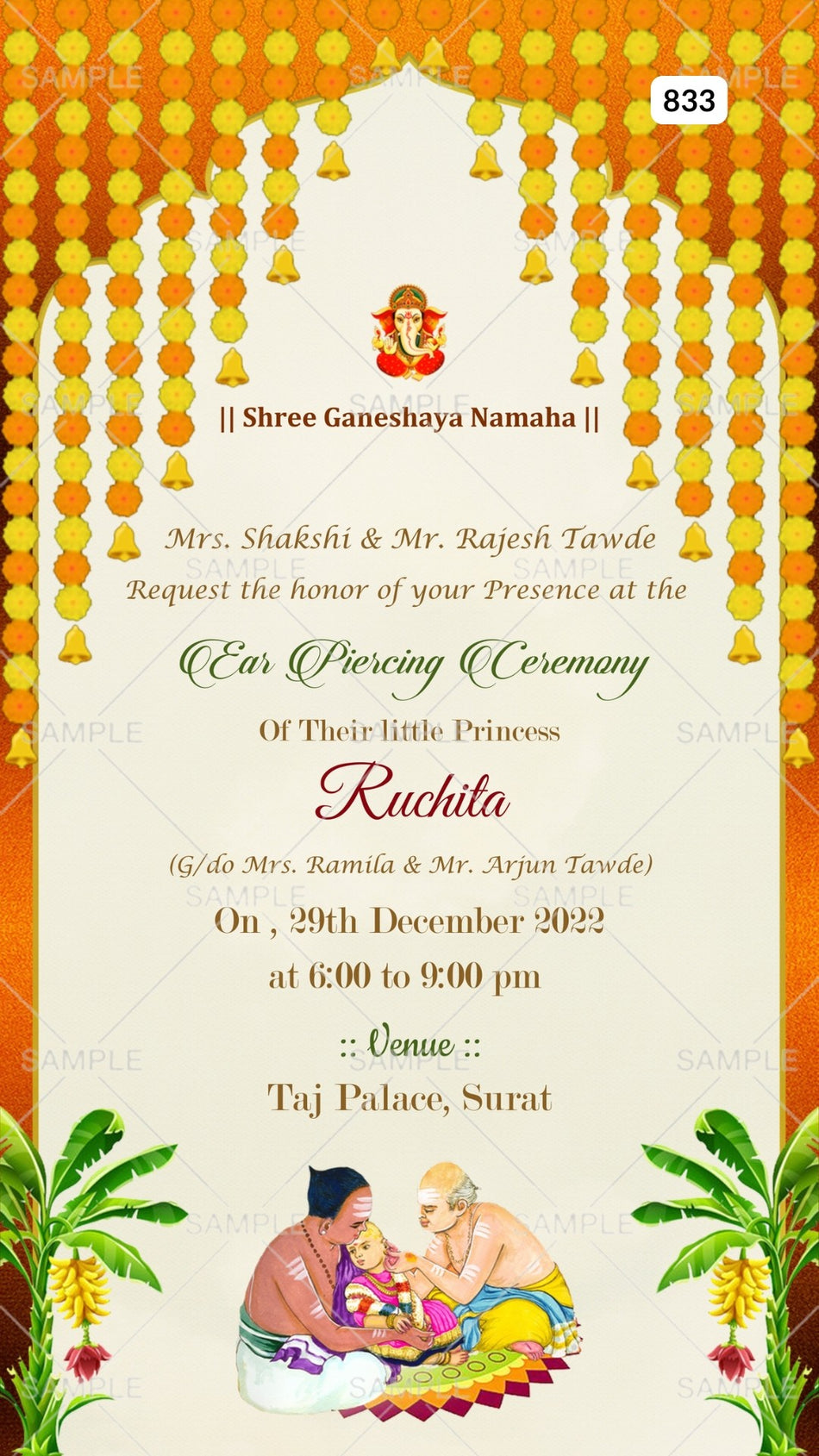 Ear Piercing ceremony invitation card Canva Editable Template in english language with ganesha logo, ear piercing doodle as arch theme design 833