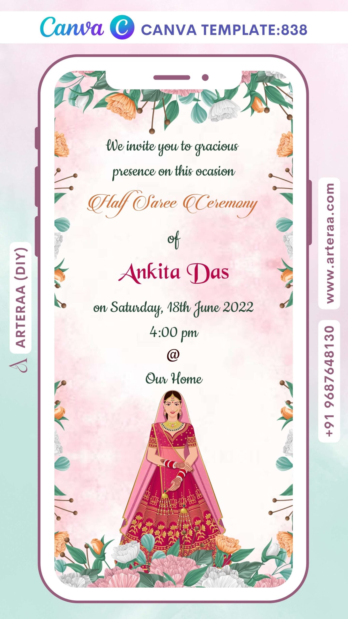 Half Saree ceremony invitation Canva Editable video Template in english language with artistic flower theme design 838