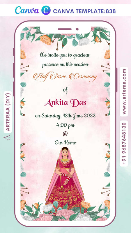 Half Saree ceremony invitation Canva Editable video Template in english language with artistic flower theme design 838