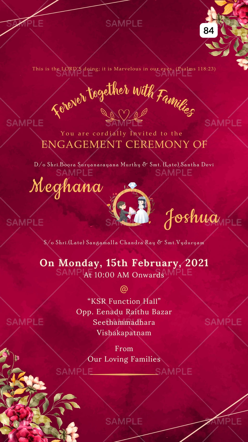Engagement ceremony invitation card Canva Editable Template in english language with leaves as floral theme design 84