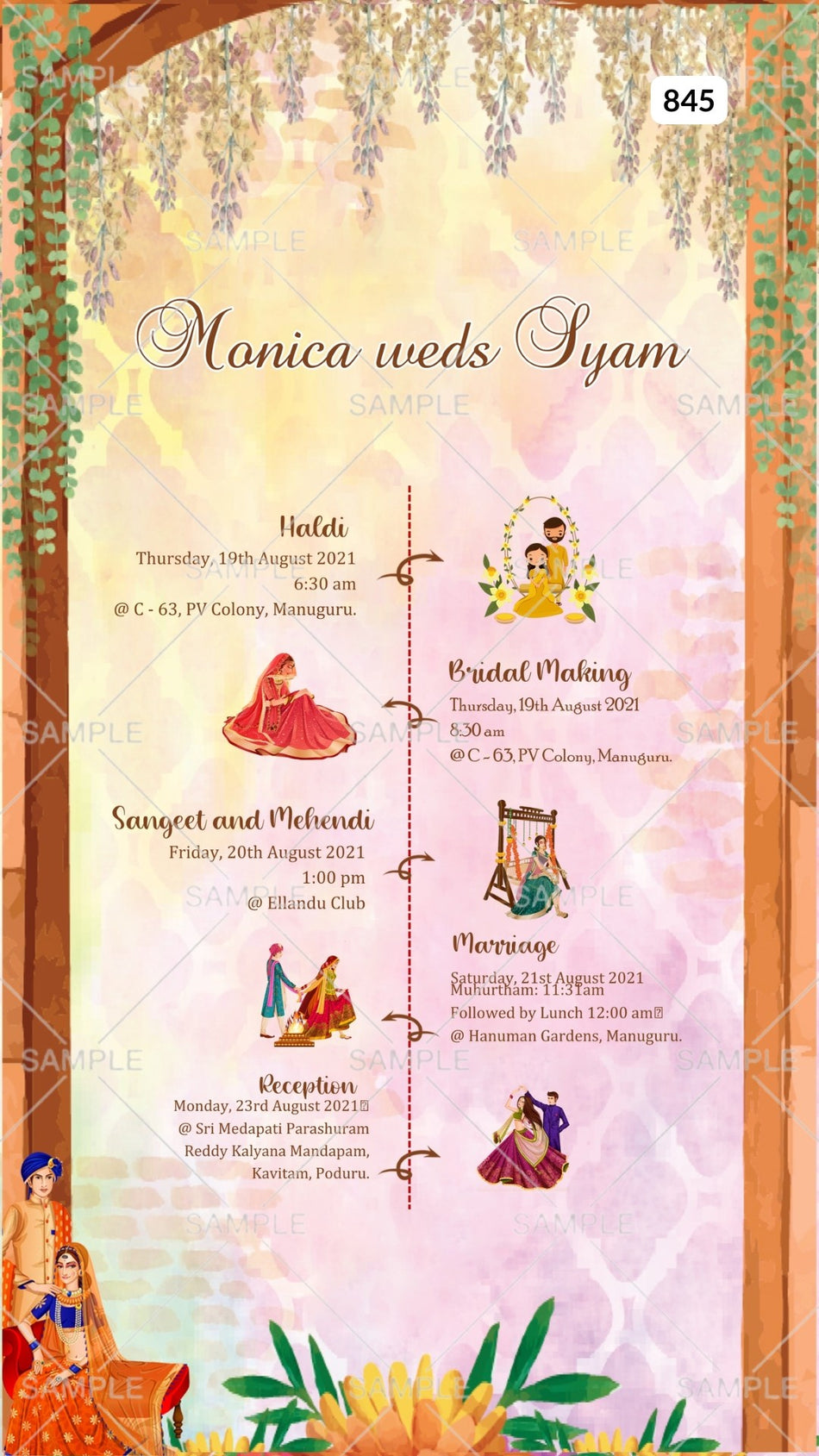 Wedding ceremony invitation card Canva Editable Template of hindu south indian telugu family in english language with  Minimalistic theme design 845