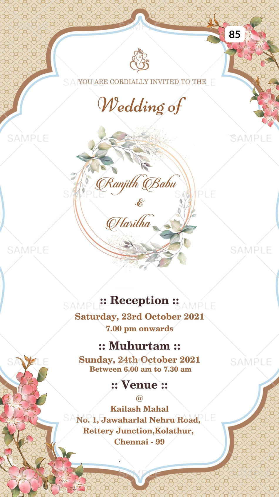 Wedding ceremony invitation card Canva Editable Template of hindu south indian tamil family in english language with  Arch theme design 85