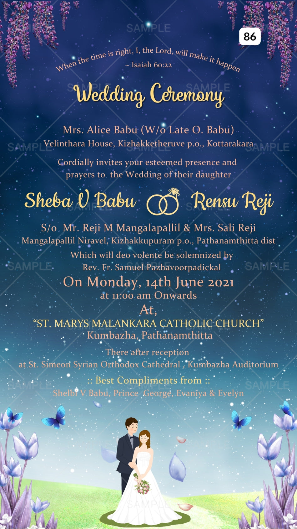 Bible verse Christian wedding ceremony invitation card Canva Editable Template of Catholic church family in english language with Night garden theme design 86