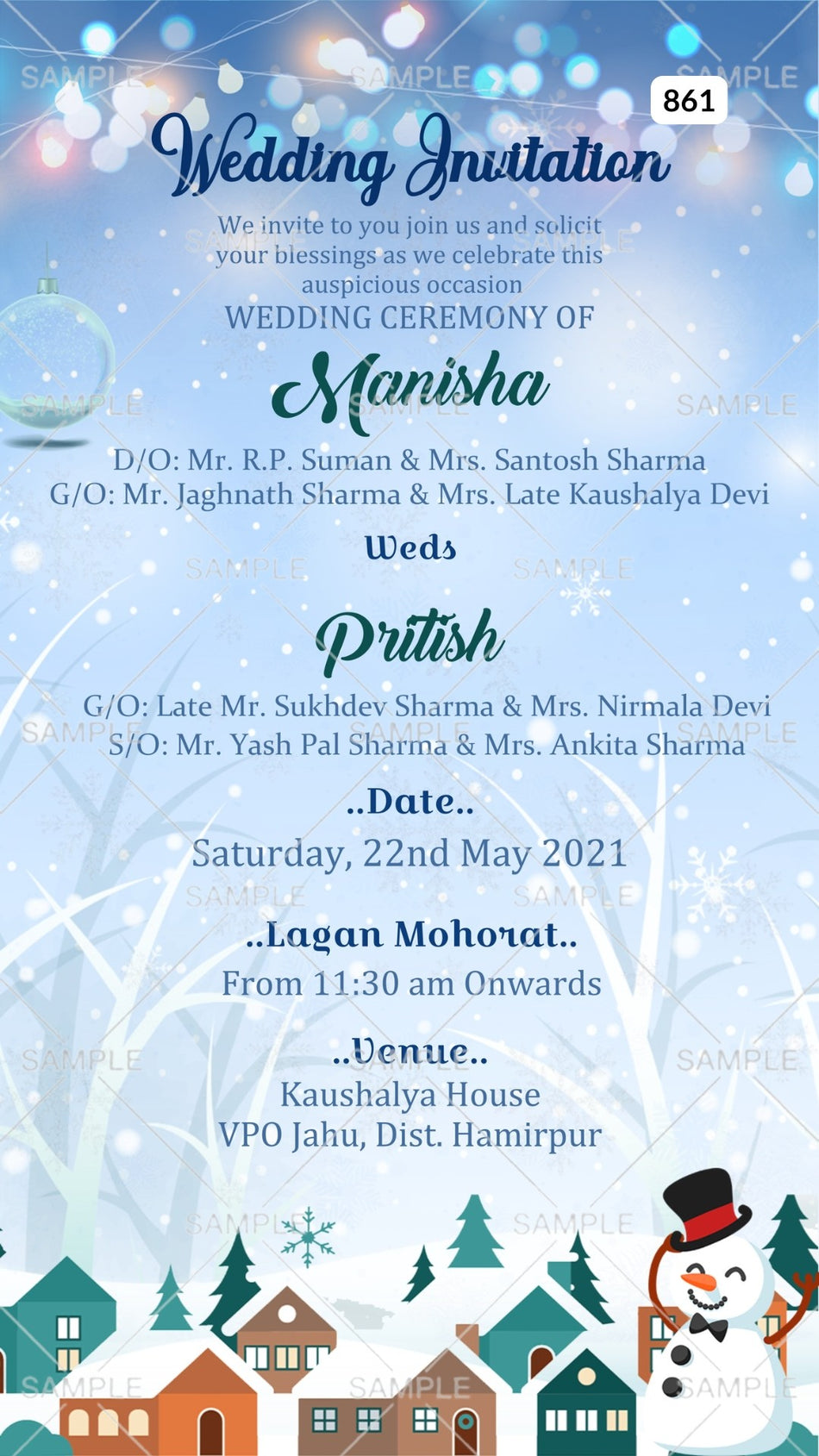 Wedding ceremony invitation card Canva Editable Template of hindu north indian family in english language with Winter snowman theme design 861
