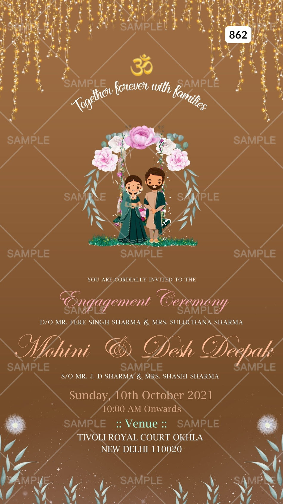 Sikh Engagement invitation card Canva Editable Template in English language with flowers, sparkle as minimalistic theme design 862