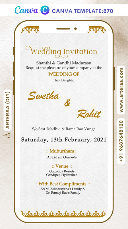 Wedding ceremony invitation Canva Editable video Template of hindu south indian telugu family in english language with Minimalistic theme design 870