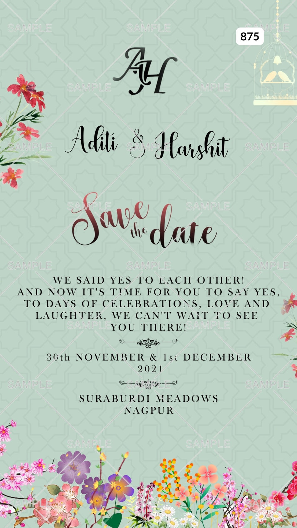 Save the Date card Canva Editable Template in english language with flowers, couple logo as floral theme design 875