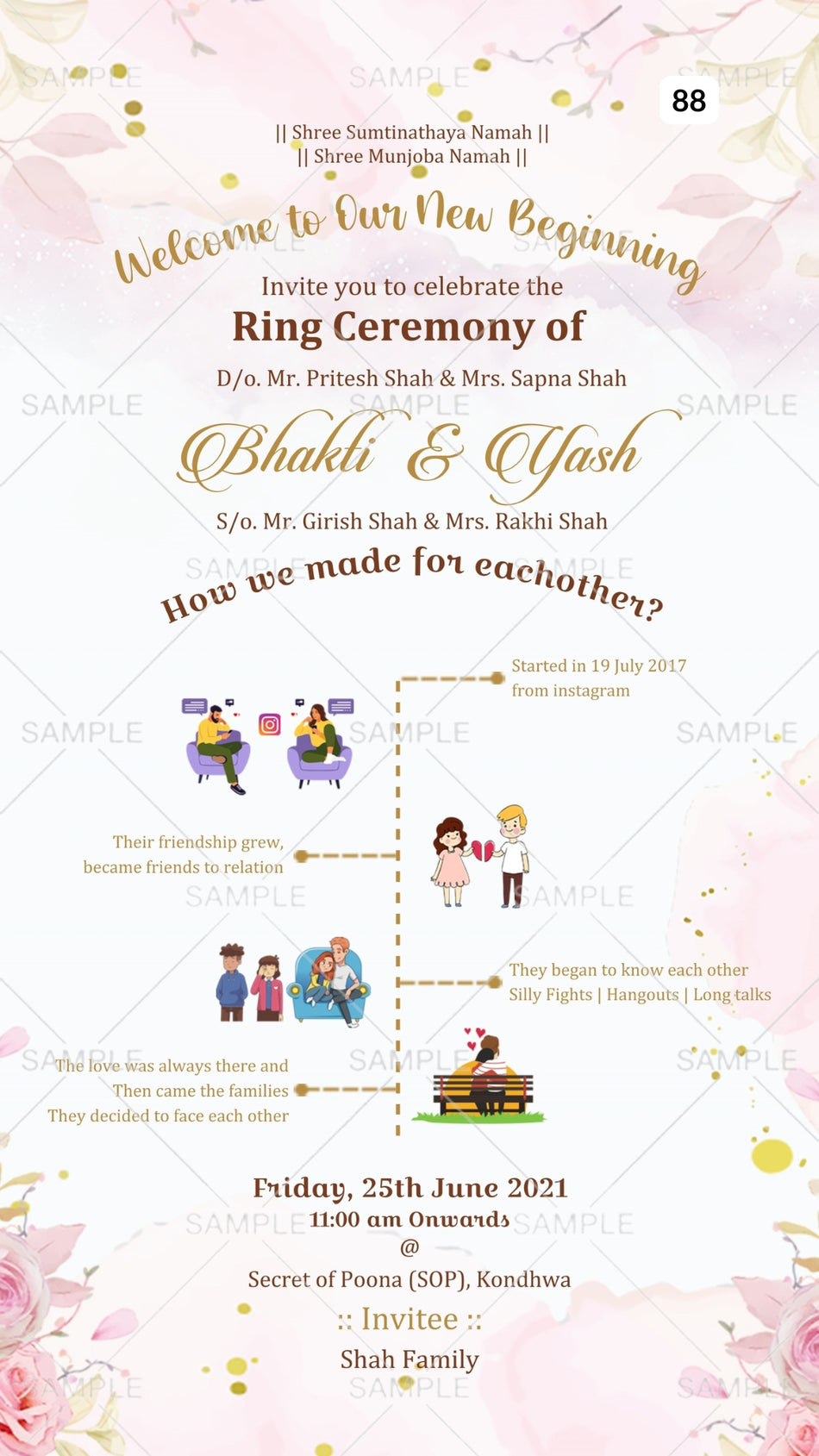 Engagement ceremony invitation card Canva Editable Template in english language with couple doodle as floral theme design 88