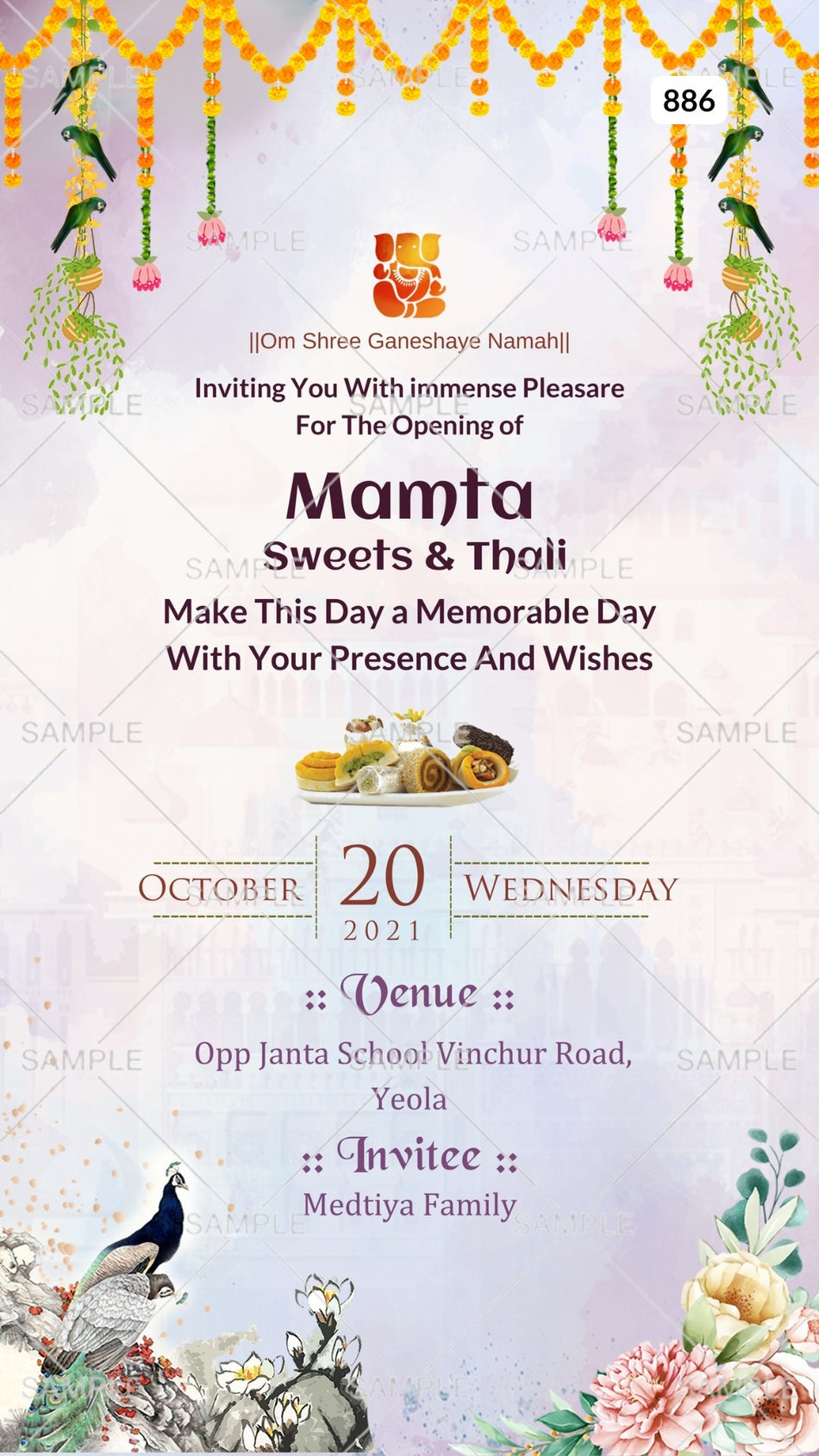 Opening invitation card Canva Editable Template in english language with flowers, peacock as traditional theme design 886