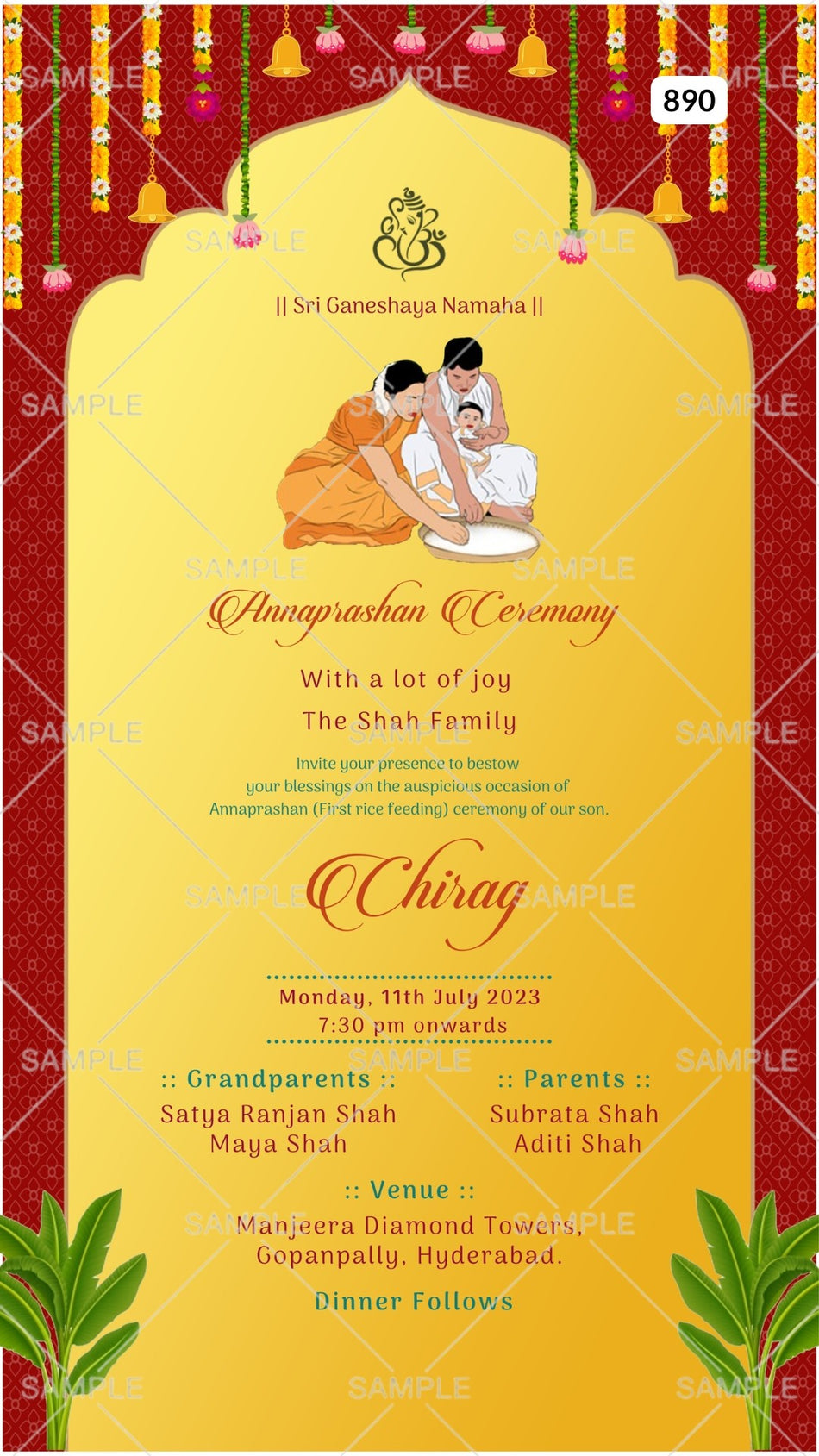 Annaprashan ceremony invitation card Canva Editable Template in english language with banana leaves, rice feeding doodle as arch frame theme design 890