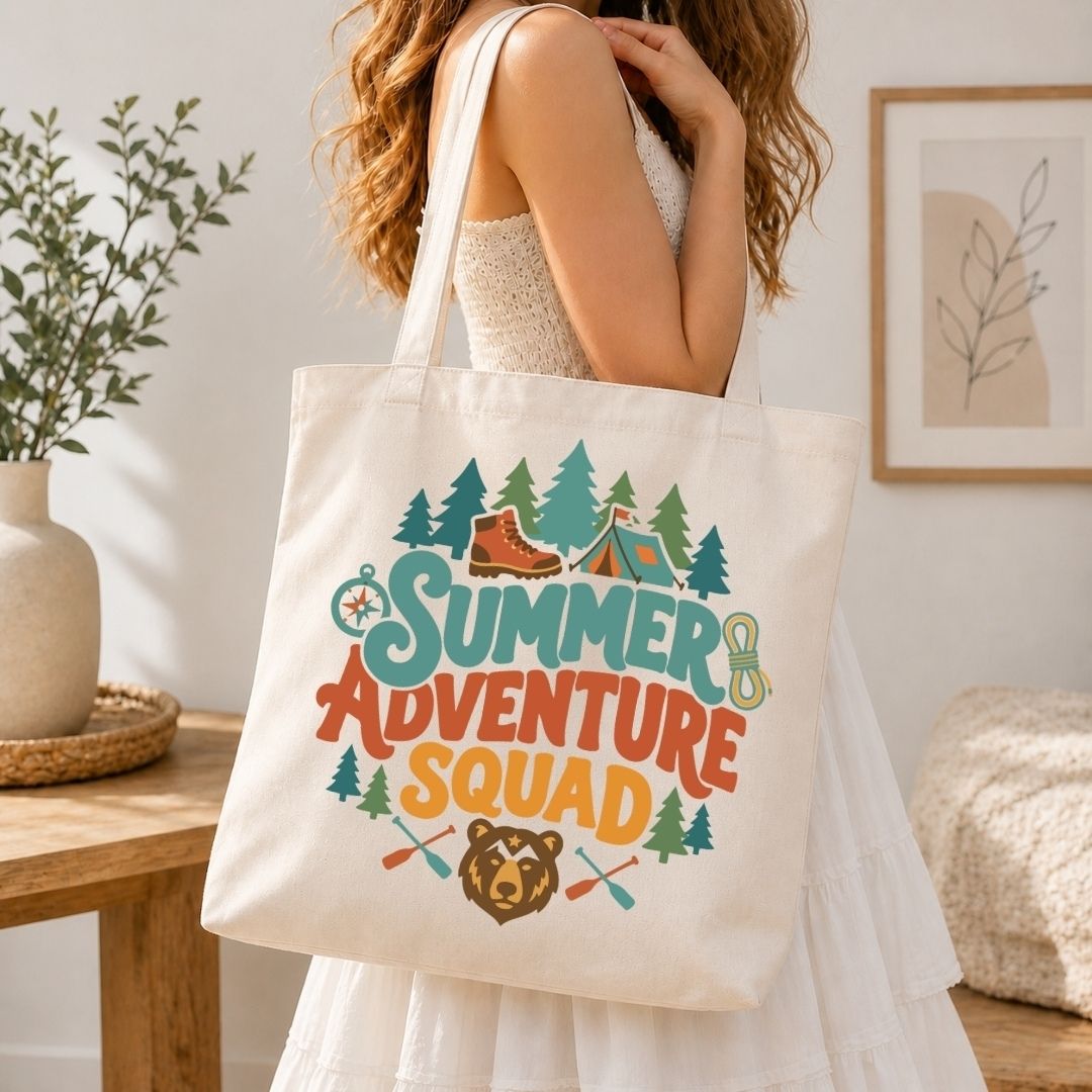 Summer Adventure Squad Canvas Tote Bag, Retro Camping Book Bag, Aesthetic Outdoorsy Shoulder Bag, Reusable Grocery Beach Tote