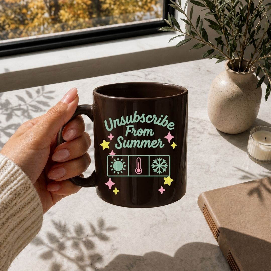 Person holding a mug with 'Unsubscribe From Summer' text on a table with a notebook and plant.